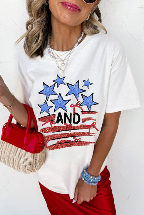 Patriotic Stars Stripes Bow Detail Graphic Summer Celebration Tee Shirt