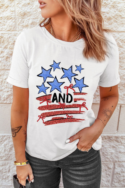 Patriotic Stars Stripes Bow Detail Graphic Summer Celebration Tee Shirt