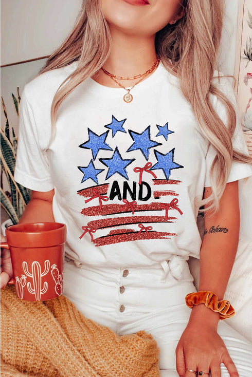 Patriotic Stars Stripes Bow Detail Graphic Summer Celebration Tee Shirt