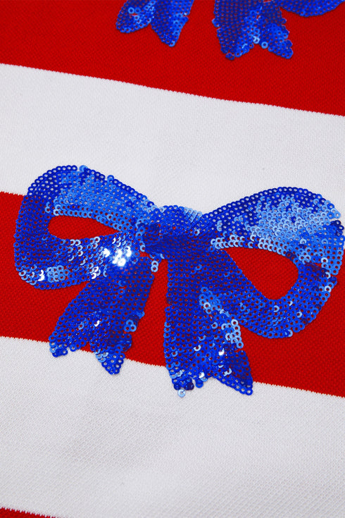 Patriotic Striped Sequin Bow Half Sleeve Top