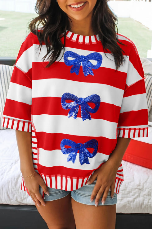 Patriotic Striped Sequin Bow Half Sleeve Top