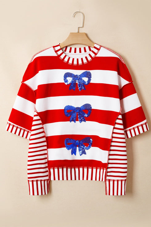 Patriotic Striped Sequin Bow Half Sleeve Top