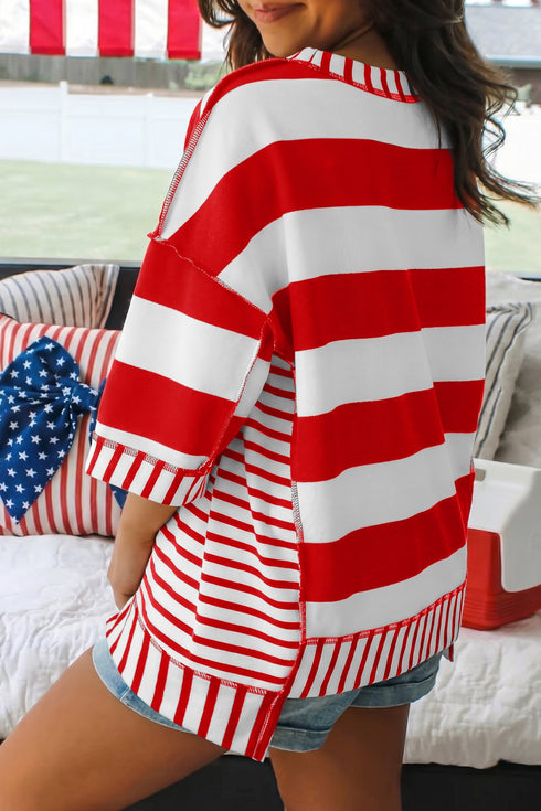 Patriotic Striped Sequin Bow Half Sleeve Top
