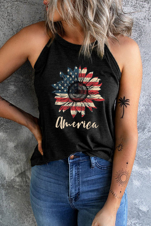Patriotic Sunflower Graphic Jersey Knit Halter Tank Top