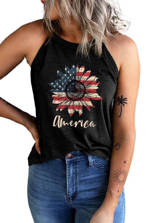 Patriotic Sunflower Graphic Jersey Knit Halter Tank Top