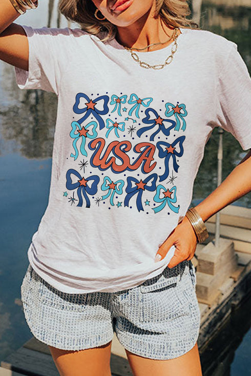Patriotic USA Bow Detail Graphic Summer Tee