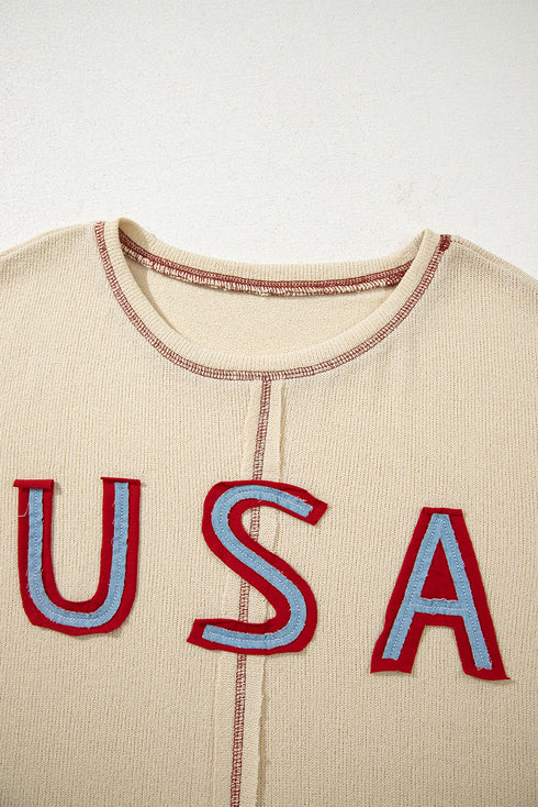 Patriotic USA Graphic Star Patch Exposed Seam Knit Top