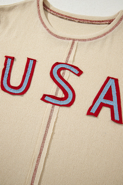 Patriotic USA Graphic Star Patch Exposed Seam Knit Top