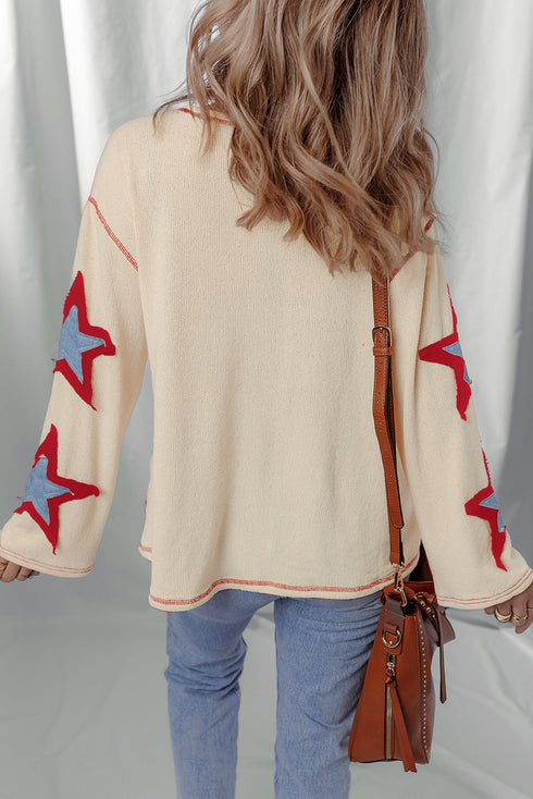 Patriotic USA Graphic Star Patch Exposed Seam Knit Top