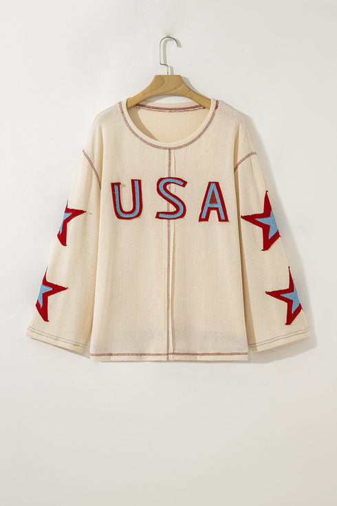 Patriotic USA Graphic Star Patch Exposed Seam Knit Top