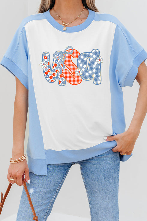 Patriotic USA Star Plaid Floral Graphic Color Block Summer Tee Shirt