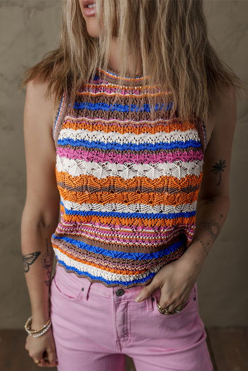 Patterned Crochet Knit Scalloped Hem Sleeveless Tank Top