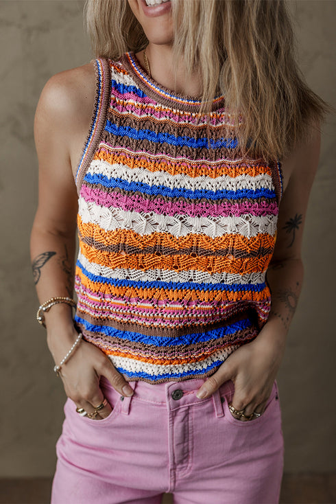Patterned Crochet Knit Scalloped Hem Sleeveless Tank Top