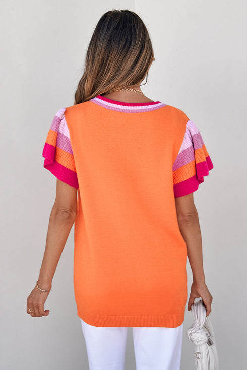 Patterned Flutter Sleeve Crew Neck Knit Sweater Top