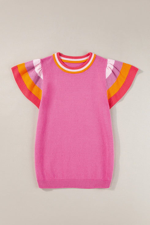 Patterned Flutter Sleeve Crew Neck Knit Sweater Top