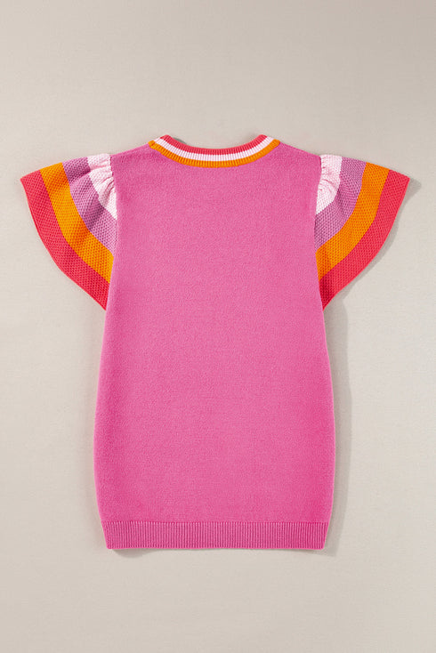 Patterned Flutter Sleeve Crew Neck Knit Sweater Top