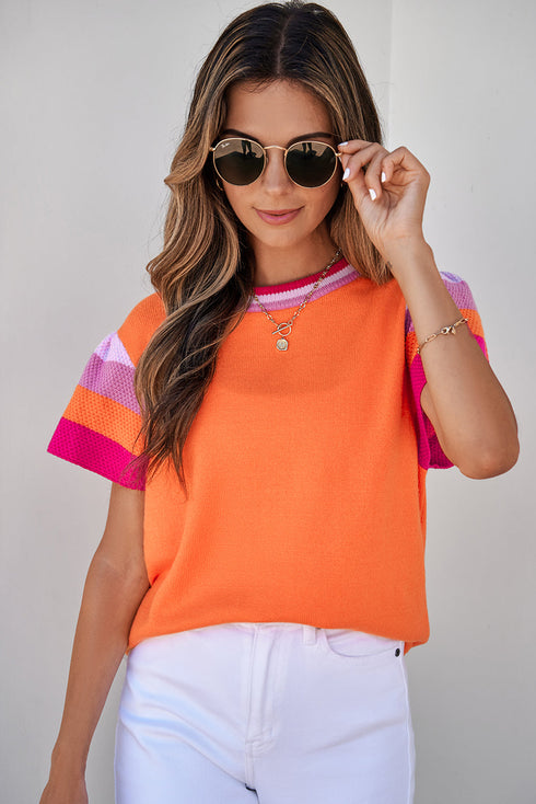Patterned Flutter Sleeve Crew Neck Knit Sweater Top