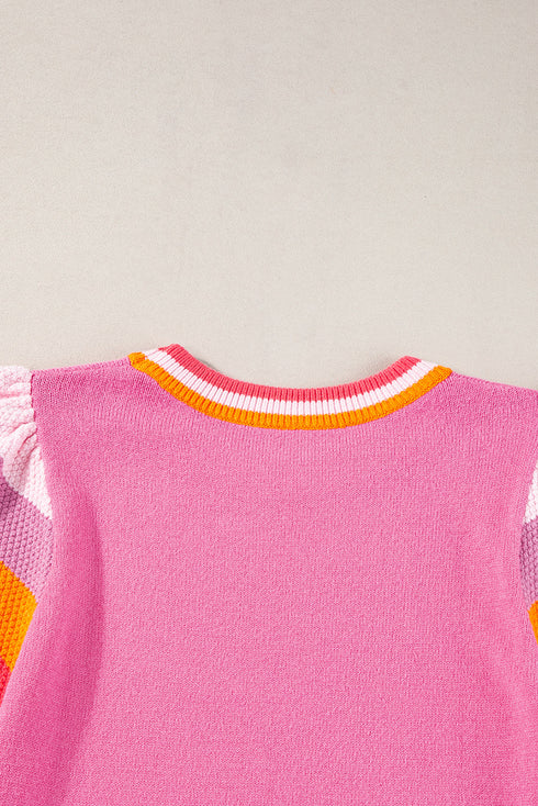 Patterned Flutter Sleeve Crew Neck Knit Sweater Top