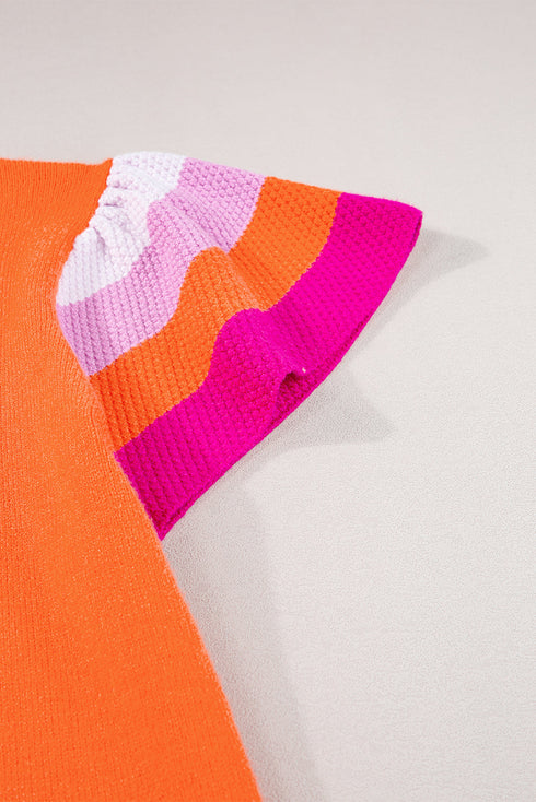 Patterned Flutter Sleeve Crew Neck Knit Sweater Top