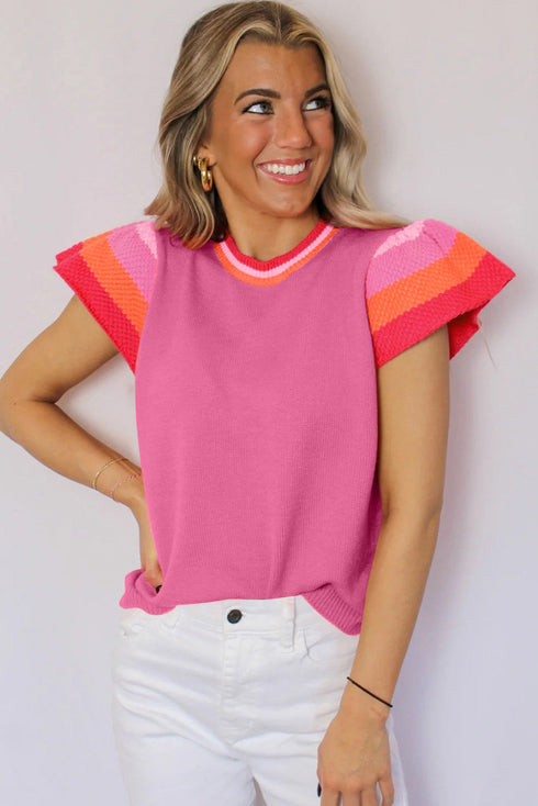 Patterned Flutter Sleeve Crew Neck Knit Sweater Top