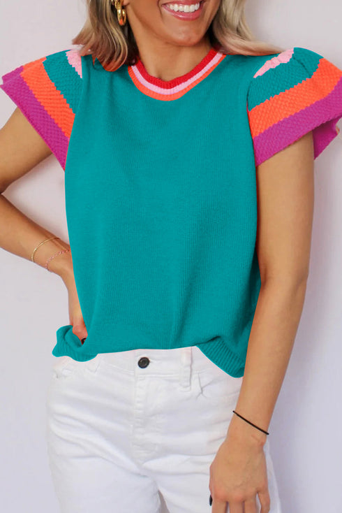 Patterned Flutter Sleeve Crew Neck Knit Sweater Top