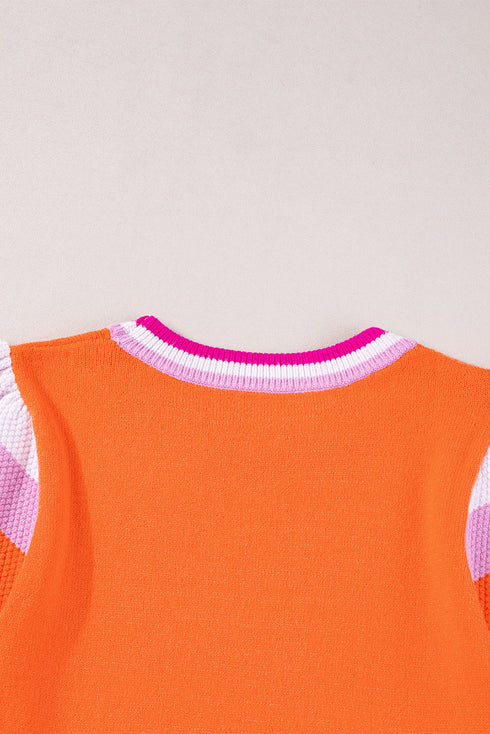 Patterned Flutter Sleeve Crew Neck Knit Sweater Top