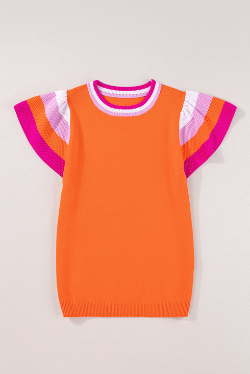 Patterned Flutter Sleeve Crew Neck Knit Sweater Top