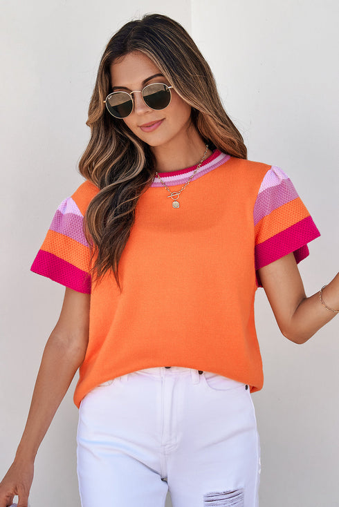 Patterned Flutter Sleeve Crew Neck Knit Sweater Top