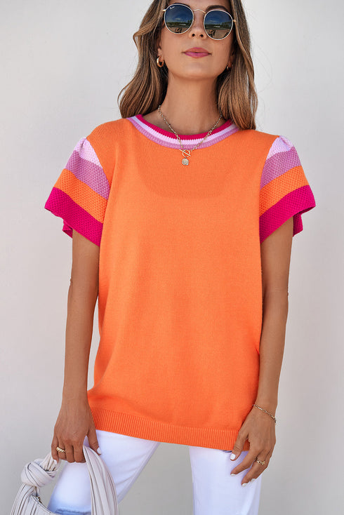 Patterned Flutter Sleeve Crew Neck Knit Sweater Top