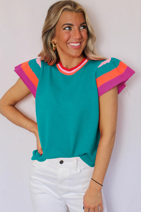 Patterned Flutter Sleeve Crew Neck Knit Sweater Top