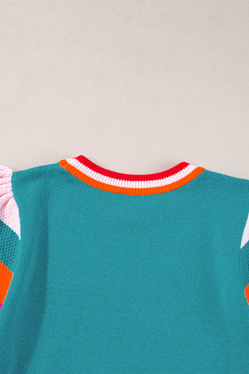 Patterned Flutter Sleeve Crew Neck Knit Sweater Top