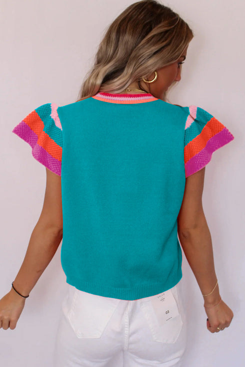 Patterned Flutter Sleeve Crew Neck Knit Sweater Top