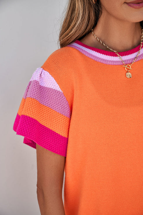 Patterned Flutter Sleeve Crew Neck Knit Sweater Top