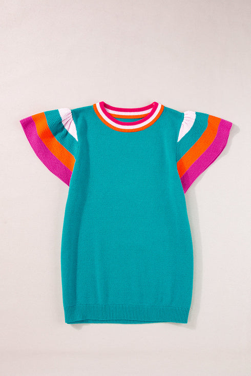 Patterned Flutter Sleeve Crew Neck Knit Sweater Top