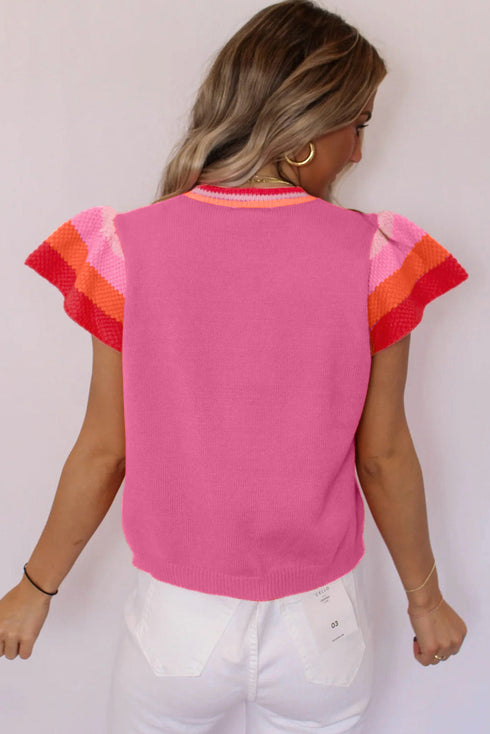 Patterned Flutter Sleeve Crew Neck Knit Sweater Top