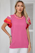 Patterned Flutter Sleeve Crew Neck Knit Sweater Top