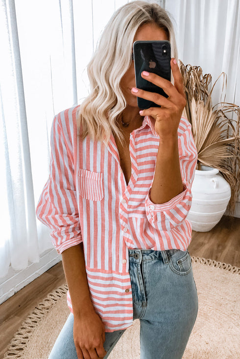 Patterned Mixed Stripe Long Sleeve Button Down Shirt