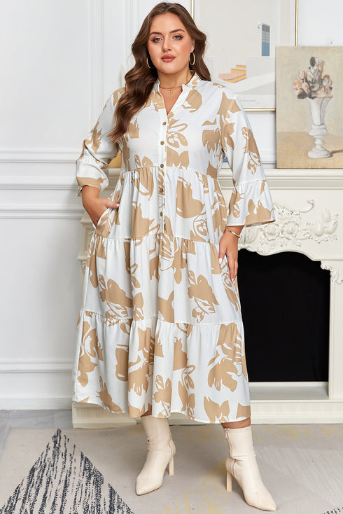 Patterned Ruffled Sleeve Tiered Western Plus Size Maxi Dress