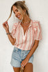 Patterned Split Neck Tie Detail Ruffled Sleeve Blouse