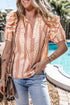 Patterned Split Neck Tie Detail Ruffled Sleeve Blouse