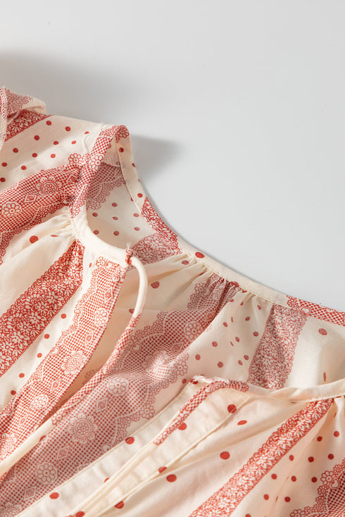 Patterned Split Neck Tie Detail Ruffled Sleeve Blouse