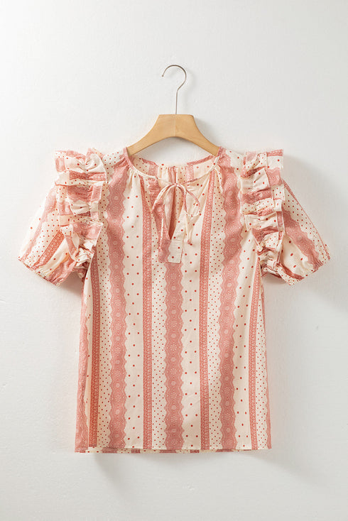 Patterned Split Neck Tie Detail Ruffled Sleeve Blouse