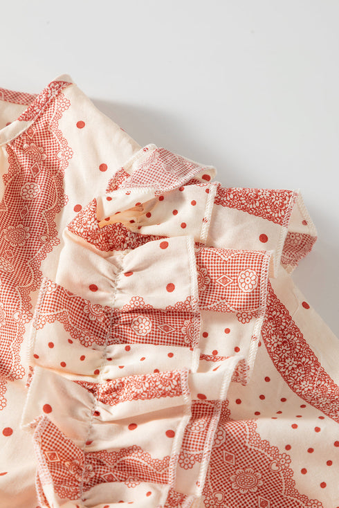 Patterned Split Neck Tie Detail Ruffled Sleeve Blouse