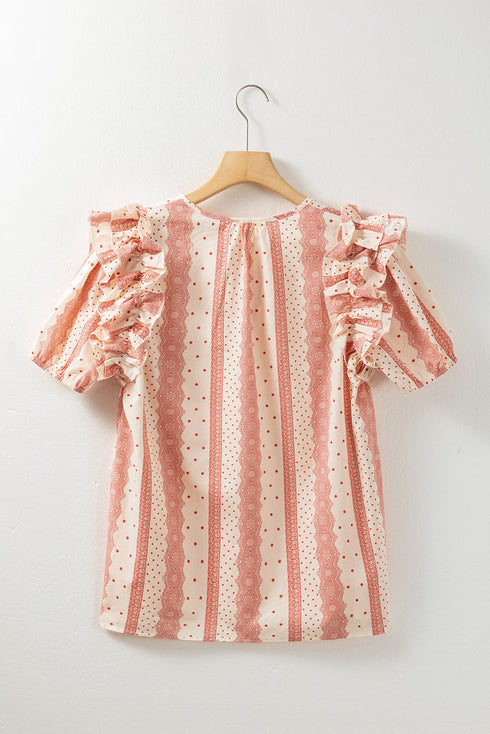 Patterned Split Neck Tie Detail Ruffled Sleeve Blouse