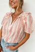 Patterned Split Neck Tie Detail Ruffled Sleeve Blouse
