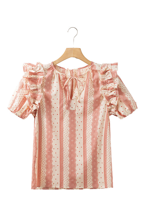 Patterned Split Neck Tie Detail Ruffled Sleeve Blouse