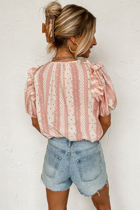 Patterned Split Neck Tie Detail Ruffled Sleeve Blouse
