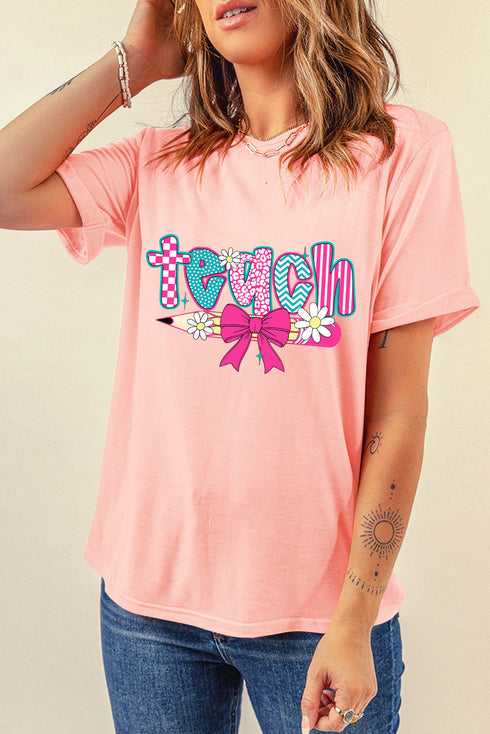 Patterned Teach Graphic Short Sleeve Crew Neck Tee