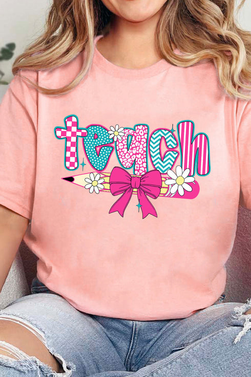 Patterned Teach Graphic Short Sleeve Crew Neck Tee
