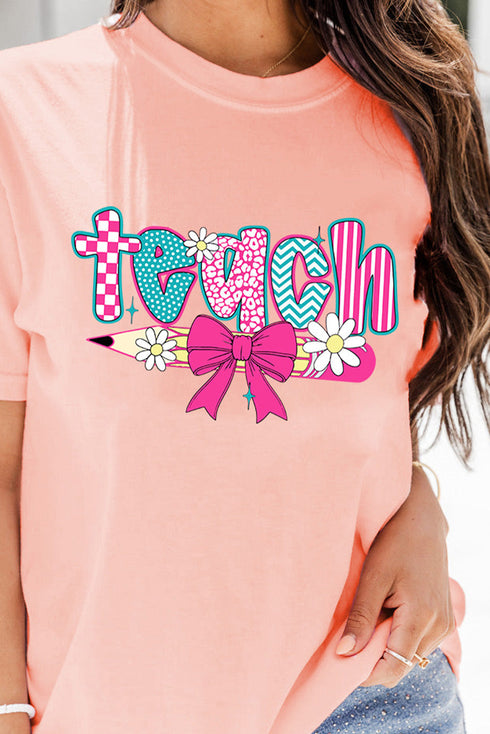 Patterned Teach Graphic Short Sleeve Crew Neck Tee